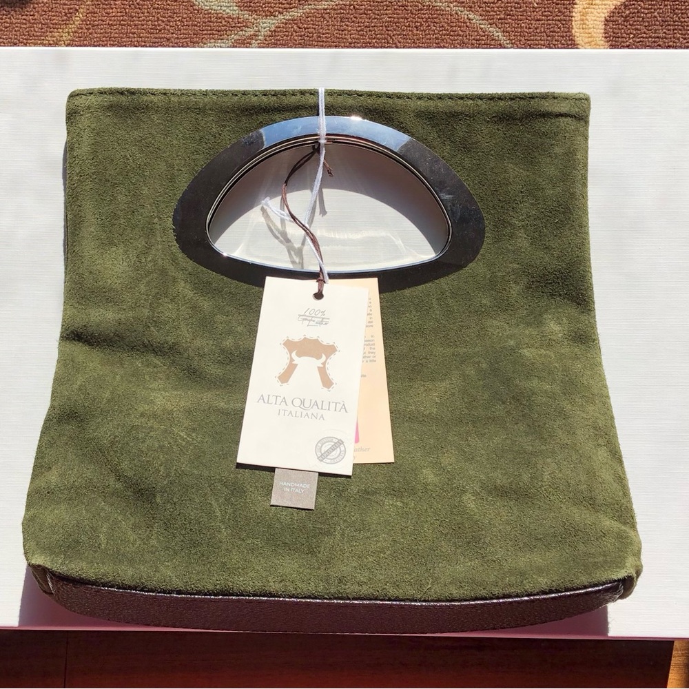 Green Suede Handbag, Chrome Handle, Made in Italy, Leather